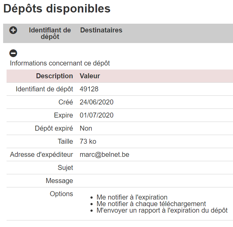Print screen interface "Dépôts disponibles"